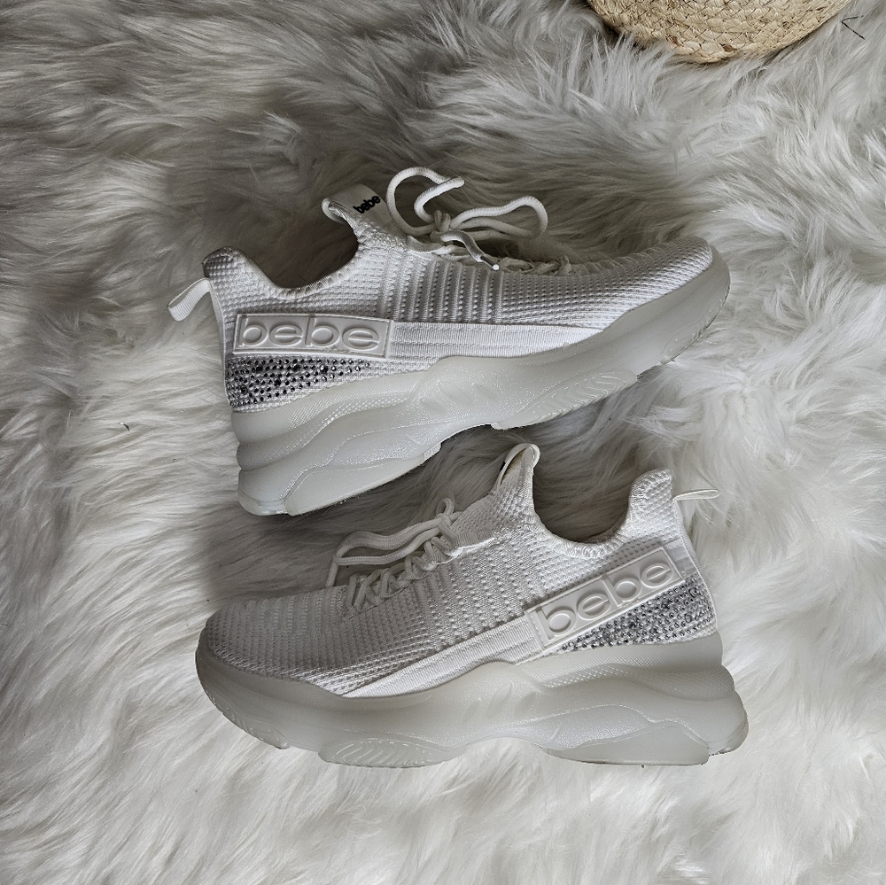 White BEBE Knit Rhinestone Sneakers 8.5